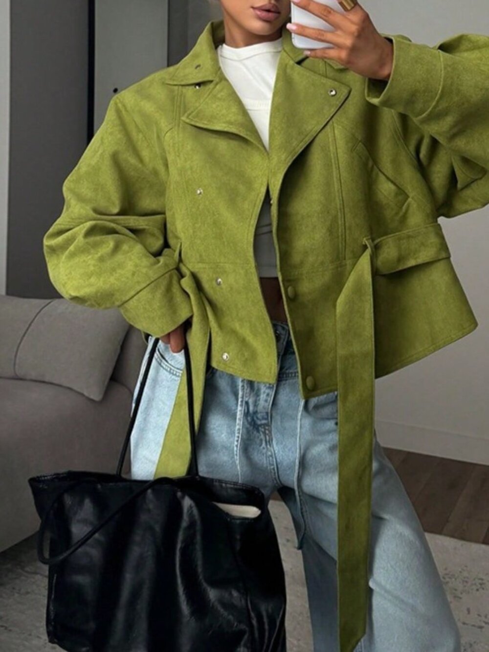 Green Casual Women's Suede Belted Stand Collar Puff Sleeve Tie Front Jacket